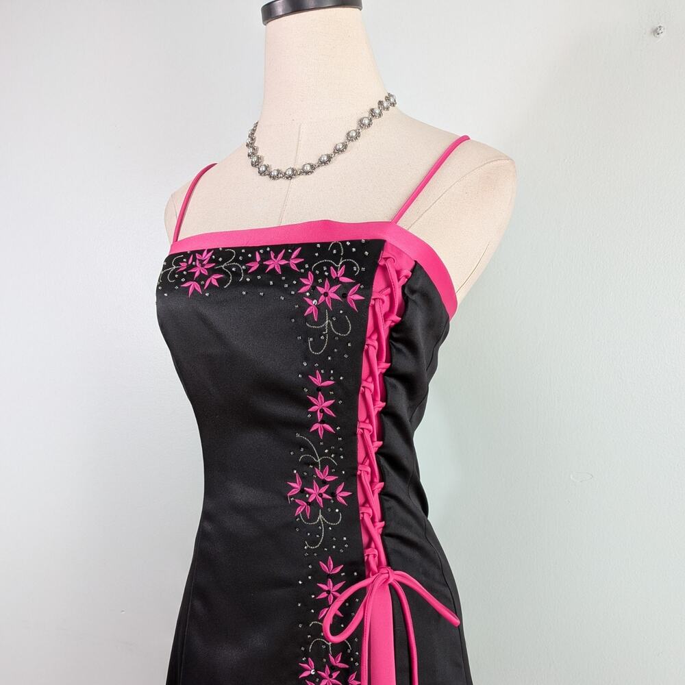 Vintage Morgan Co Prom Dress Maxi Gown 4 Pink Black Y2K Floral Corset Princess - Picture 3 of 14